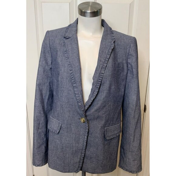 J. Crew Blue Chambray Regent Ruffle Trim Blazer, Size 12 - Picture 1 of 6